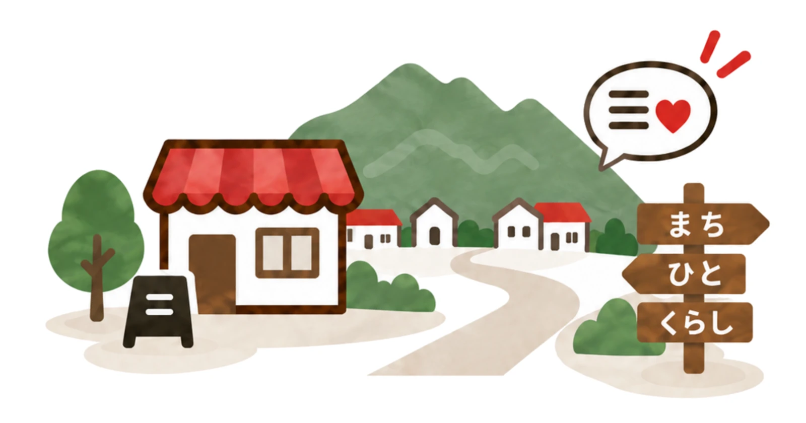 「まち」「ひと」「くらし」を案内する看板と、小さな店・山を描いたイラスト